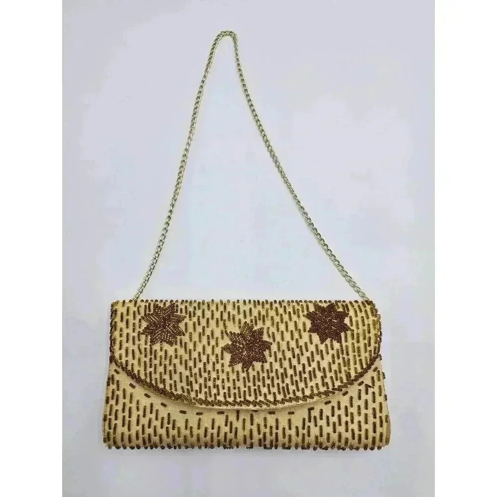 Vtg  Charisma Hong Kong Beaded Yellow and Gold Purse with Chain Strap